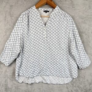 Anne Carson Top Womens 2X White w/ Navy Blue Pattern 3/4 Sleeve Linen V-Neck